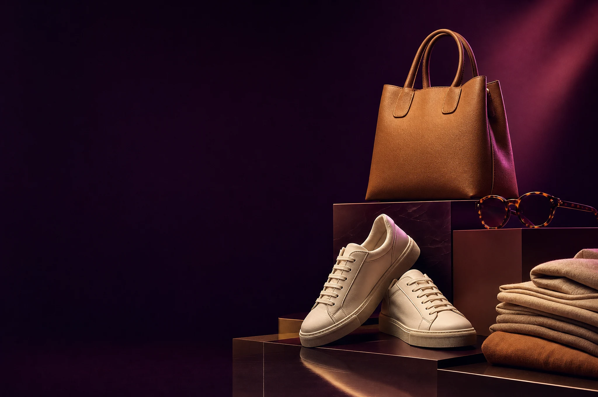 Bolsa, tênis e acessórios em composição de moda